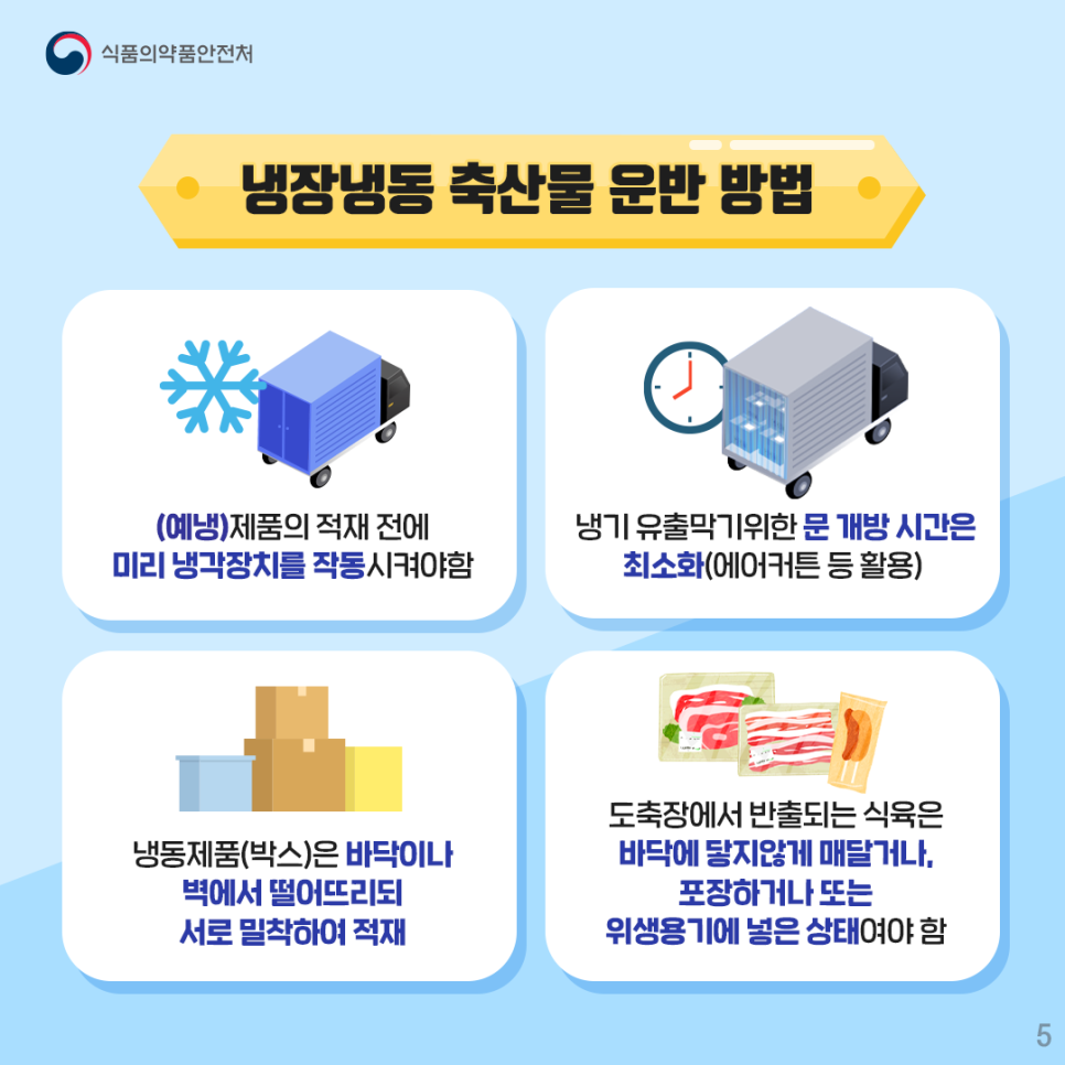 냉장·냉동 축산물 운반 방법 1. 제품을 싣기 전에 미리 냉각장치를 작동시켜야 함(예냉) 2. 냉기 유출을 막기 위해 문을 열어두는 시간을 최소화(에어커튼 등 활용) 3. 냉동제품(박스)은 바닥이나 벽에서 떨어뜨리되 서로를 밀착시켜 쌓기 4. 도축장에서 반출되는 식육은 바닥에 닿지않도록 매달거나, 포장하거나 또는 위생용기에 넣은 상태여야 함