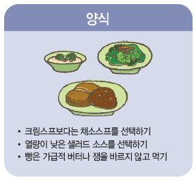 크림스프보다는 채소스프를 선택하기, 열량이 낮은 샐러드 소스를 선택하기, 빵은 가급적 버터나 잼을 바르지 않고 먹기