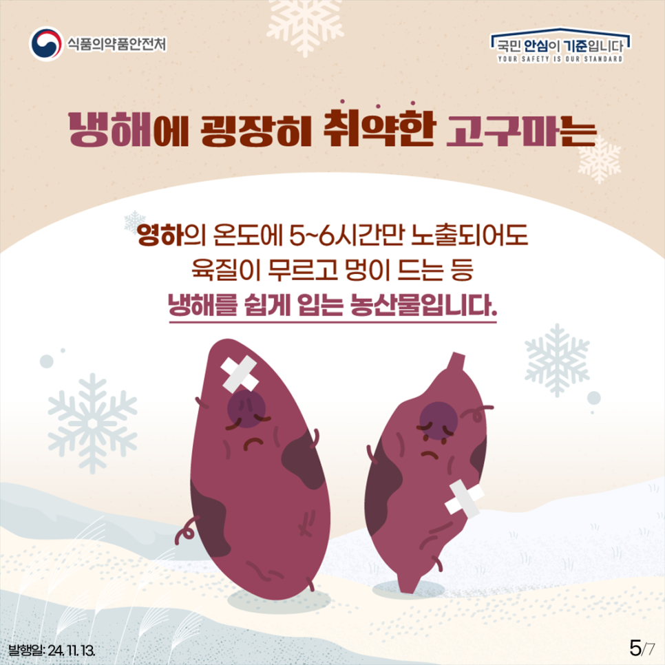 고구마 올바른 보관법  냉해에 굉장히 취약한 고구마는 영하의 온도에 5~6시간만 노출되어도 육질이 무르고 멍이 드는 등 냉해를 쉽게 입는 농산물입니다.