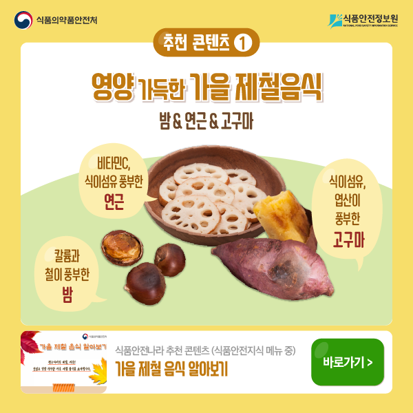 추천 콘텐츠 1  가을 제철 음식 알아보기. 칼륨과 철이 풍부한 밤. 비타민C, 식이섬유 풍부한 연근. 식이섬유, 엽산이 풍부한 고구마