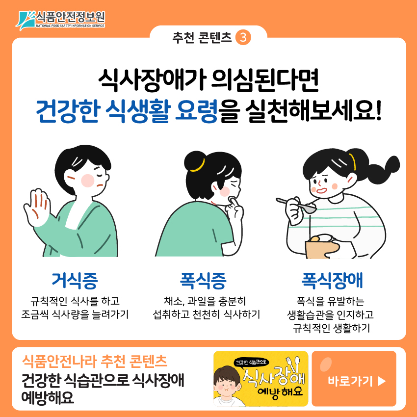 추천 콘텐츠 ③ 식사장애가 의심된다면 건강한 식생활 요령을 실천해보세요! 거식증:규칙적인 식사를 하고 조금씩 식사량을 늘려가기 폭식증: 채소, 과일을 충분히 섭취하고 천천히 식사하기 폭식장애: 폭식을 유발하는 생활습관을 인지하고 규칙적인 생활하기 식품안전나라 추천 콘텐츠 건강한 식습관으로 식사장애 예방해요 바로가기 ▶