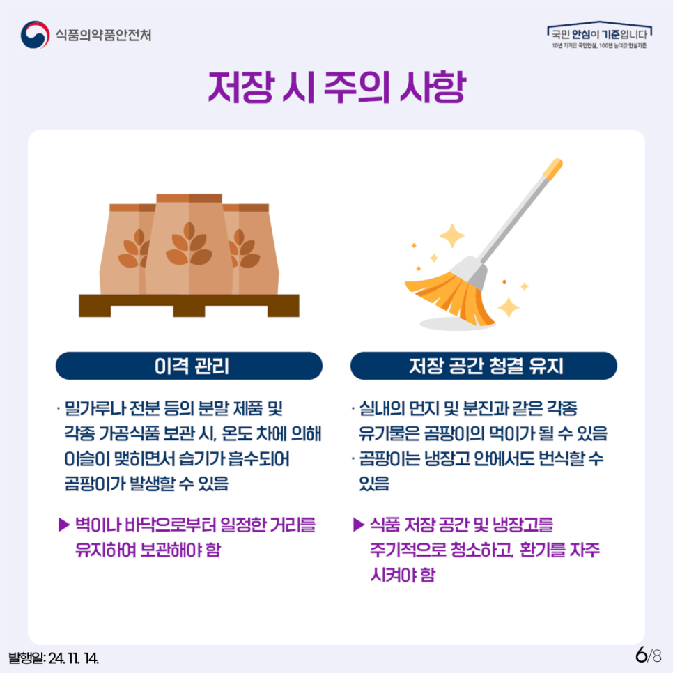  저장 시 주의 사항  이격 관리   ​밀가루나 전분 등의 분말 제품 및 각종 가공식품 보관 시, 온도 차에 의해 이슬이 맺히면서 습기가 흡수되어 곰팡이가 발생할 수 있음 벽이나 바닥으로부터 일정한 거리를 유지하여 보관해야 함  저장 공간 청결 유지   ​실내의 먼지 및 분진과 같은 각종 유기물은 곰팡이의 먹이가 될 수 있음 곰팡이는 냉장고 안에서도 번식할 수 있음 식품 저장 공간 및 냉장고를 주기적으로 청소하고, 환기를 자주 시켜야 함