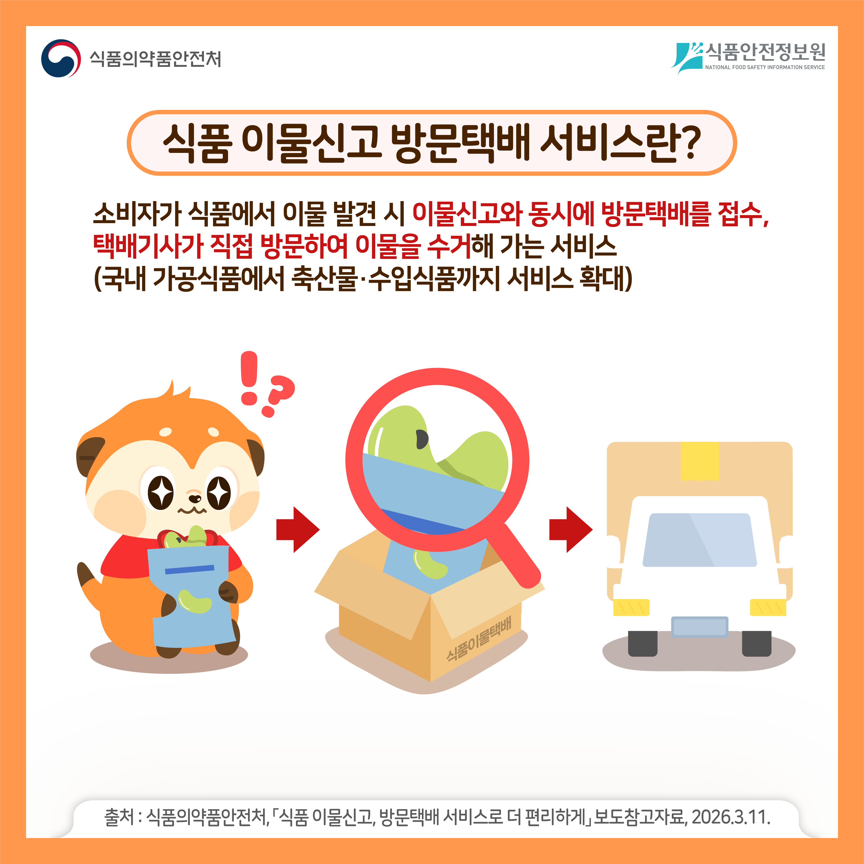 식품의약품안전처 식품안전정보원 식품 이물신고 방문택배 서비스란? 소비자가 식품에서 이물 발견 시 이물신고와 동시에 방문택배를 접수, 택배기사가 직접 방문하여 이물을 수거해 가는 서비스 (국내 가공식품에서 축산물·수입식품까지 서비스 확대) 출처 : 식품의약품안전처, 「식품 이물신고, 방문택배 서비스로 더 편리하게」 보도참고자료, 2026.3.11.