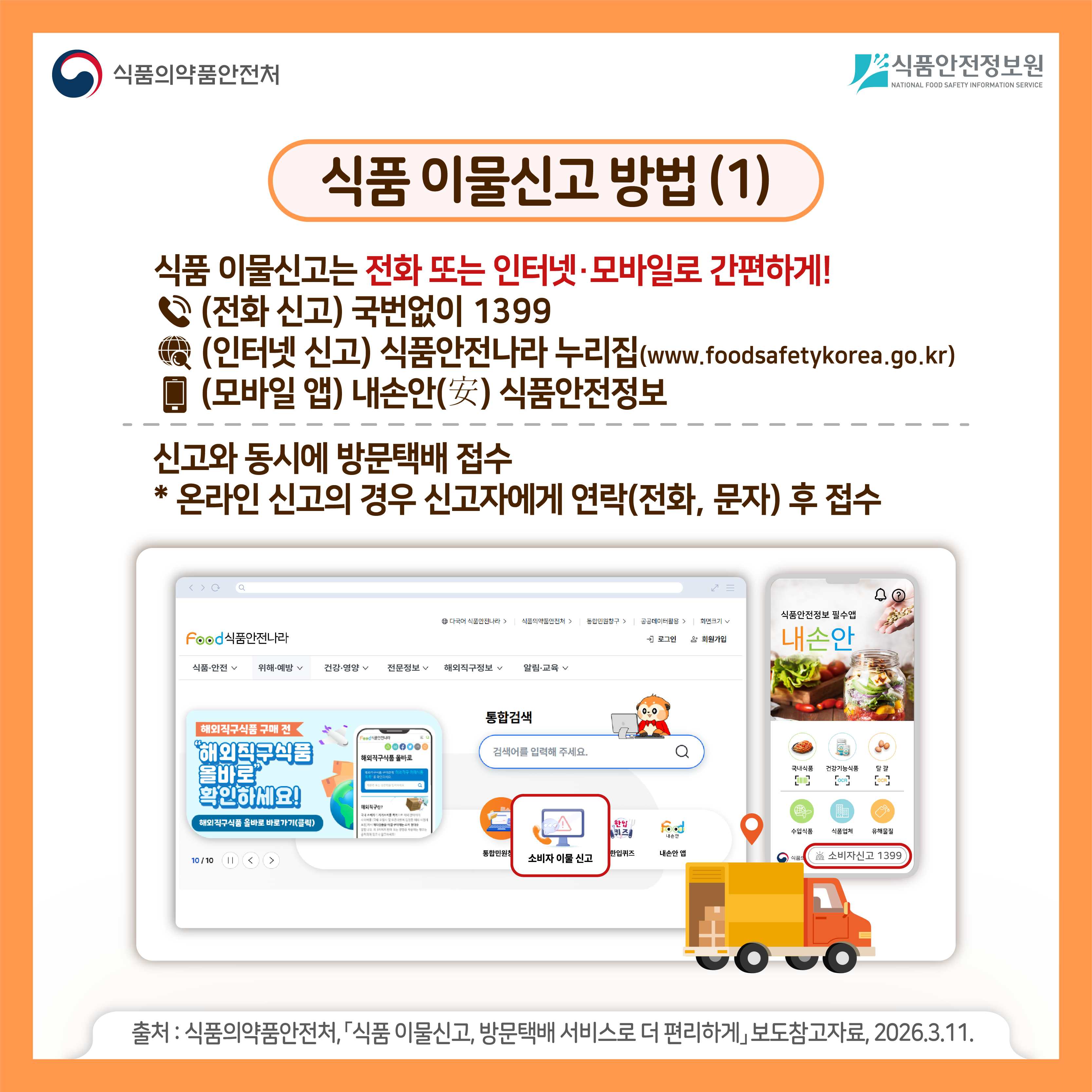 식품의약품안전처 식품안전정보원 식품 이물신고 방법 (1) 식품 이물신고는 전화 또는 인터넷·모바일로 간편하게! (전화 신고) 국번없이 1399 (인터넷 신고) 식품안전나라 누리집(www.foodsafetykorea.go.kr) (모바일 앱) 내손안(安) 식품안전정보 신고와 동시에 방문택배 접수 * 온라인 신고의 경우 신고자에게 연락(전화, 문자) 후 접수 출처 : 식품의약품안전처, 「식품 이물신고, 방문택배 서비스로 더 편리하게」 보도참고자료, 2026.3.11.