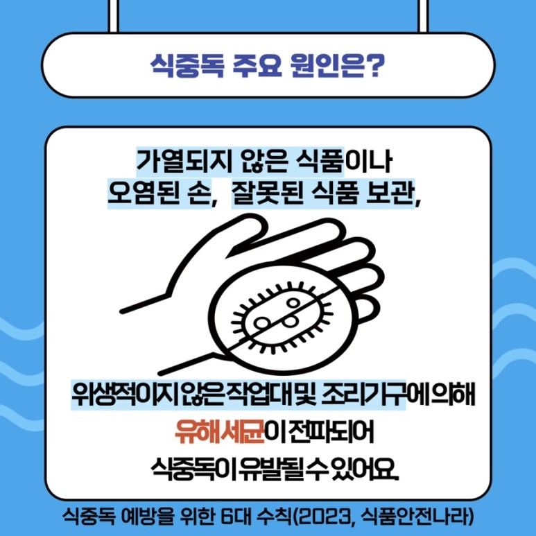 식중독 주요 원인은?. 가열되지 않은 식품이나 오염된 손, 잘못된 식품 보관, 위생적이지 않은 작업대 및 조리기구에 의해 유해 세균이 전파되어 식중독이 유발될 수 있어요. 식중독 예방을 위한 6대 수칙(2023, 식품안전나라).