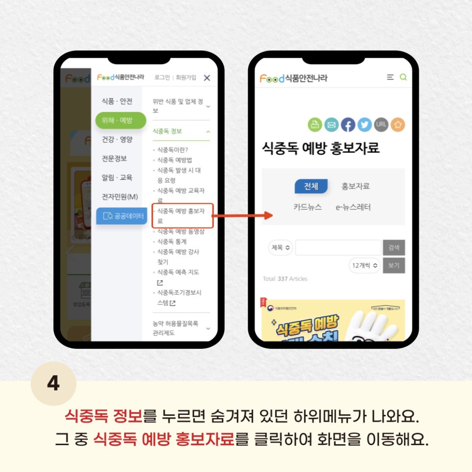 4 식중독 정보를 누르면 숨겨져 있던 하위메뉴가 나와요. 그 중 식중독 예방 홍보자료를 클릭하여 화면을 이동해요.