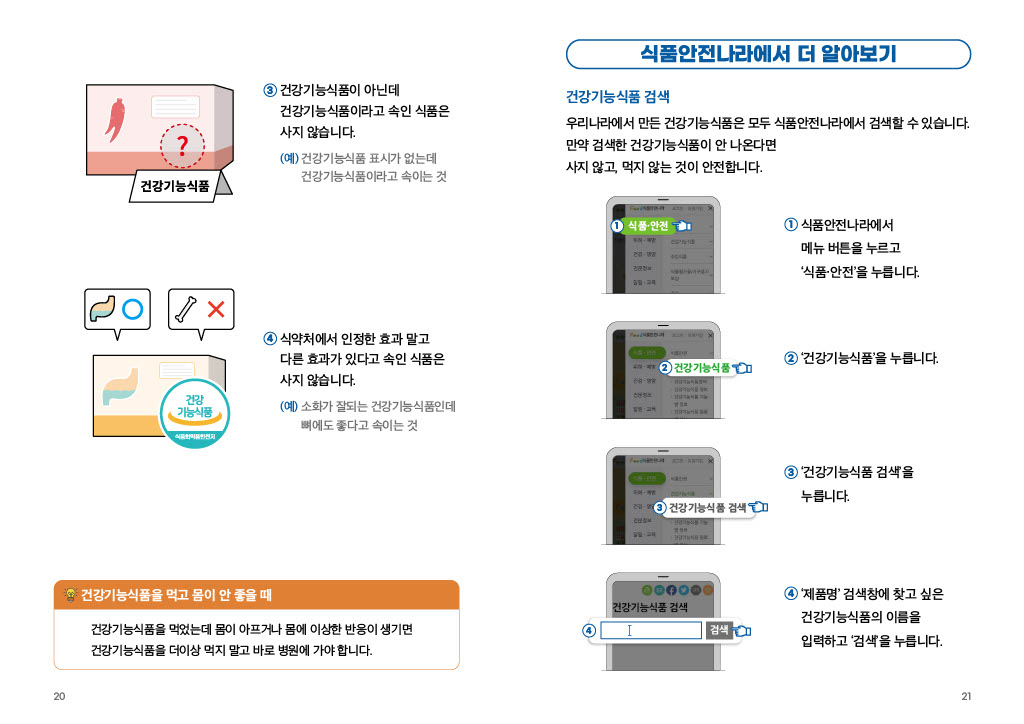 3 건강기능식품이 아닌데 건강기능식품이라고 속인 식품은 사지 않습니다. (예) 건강기능식품 표시가 없는데 건강기능식품이라고 속이는 것 4 식약처에서 인정한 효과 말고 다른 효과가 있다고 속인 식품은 사지 않습니다. (예) 소화가 잘되는 건강기능식품인데 뼈에도 좋다고 속이는 것 건강기능식품을 먹고 몸이 안 좋을 때 건강기능식품을 먹었는데 몸이 아프거나 몸에 이상한 반응이 생기면 건강기능식품을 더 이상 먹지 말고 바로 병원에 가야 합니다. 식품안전나라에서 더 알아보기 건강기능식품 검색 우리나라에서 만든 건강기능식품은 모두 식품안전나라에서 검색할 수 있습니다. 만약 검색한 건강기능식품이 안 나온다면 사지 않고, 먹지 않는 것이 안전합니다. 1 식품안전나라에서 메뉴 버튼을 누르고 ‘식품·안전’을 누릅니다. 2 ‘건강기능식품’을 누릅니다. 3 ‘건강기능식품 검색’을 누릅니다. 4 ‘제품명’ 검색창에 찾고 싶은 건강기능식품의 이름을 입력하고 ‘검색’을 누릅니다.