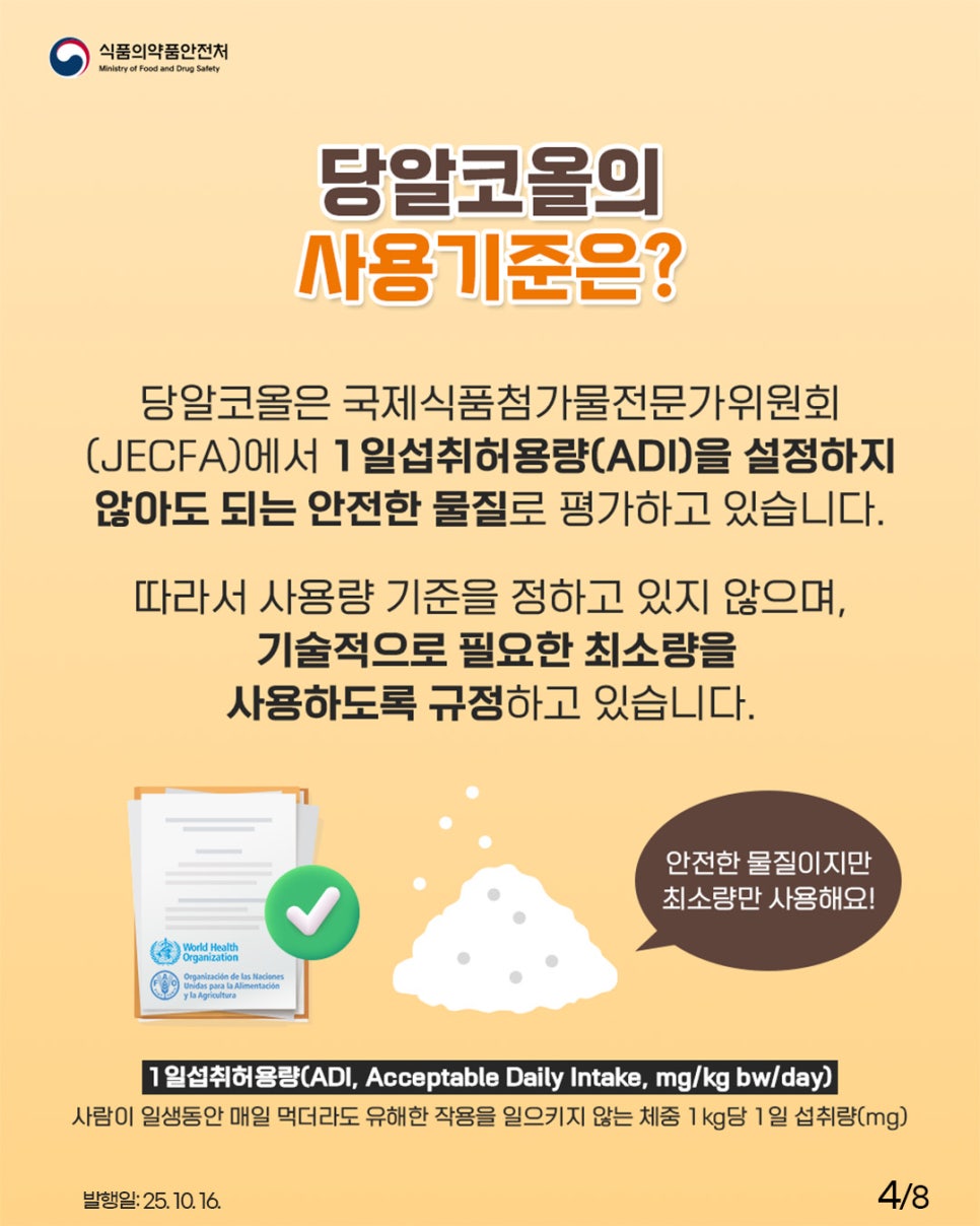 당알코올의 사용기준은? 당알코올은 국제식품첨가물전문가위원회 (JECFA)에서 1일섭취허용량(ADI)을 설정하지 않아도 되는 안전한 물질로 평가하고 있습니다. 따라서 사용량 기준을 정하고 있지 않으며, 기술적으로 필요한 최소량을 사용하도록 규정하고 있습니다. 안전한 물질이지만 최소량만 사용해요! 1일섭취허용량(ADI, Acceptable Daily Intake, mg/kg bw/day) 사람이 일생동안 매일 먹더라도 유해한 작용을 일으키지 않는 체중 1kg당 1일 섭취량(mg)
