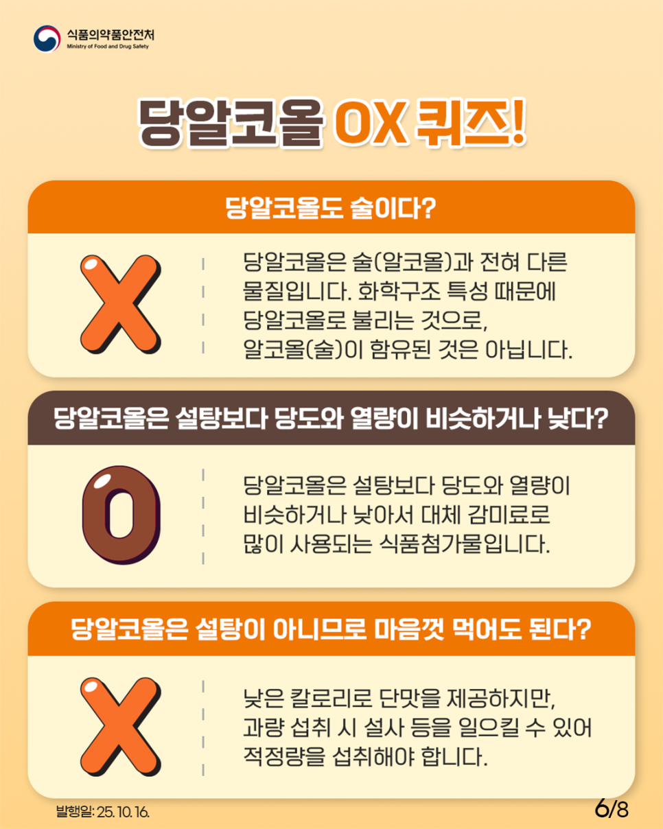 당알코올 OX 퀴즈! 당알코올도 술이다? 엑스, 당알코올은 술(알코올)과 전혀 다른 물질입니다. 화학구조 특성 때문에 1 당알코올로 불리는 것으로, 알코올(술)이 함유된 것은 아닙니다. 당알코올은 설탕보다 당도와 열량이 비슷하거나 낮다? 오, 당알코올은 설탕보다 당도와 열량이 비슷하거나 낮아서 대체 감미료로 많이 사용되는 식품첨가물입니다. 당알코올은 설탕이 아니므로 마음껏 먹어도 된다? 엑스, 낮은 칼로리로 단맛을 제공하지만, 과량 섭취 시 설사 등을 일으킬 수 있어 적정량을 섭취해야 합니다.