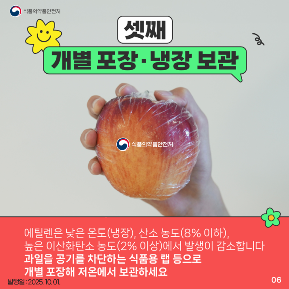 셋째, 개별 포장·냉장 보관 에틸렌은 낮은 온도(냉장), 산소 농도(8% 이하), 높은 이산화탄소 농도(2% 이상)에서 발생이 감소합니다 과일을 공기를 차단하는 식품용 랩 등으로 개별 포장해 저온에서 보관하세요