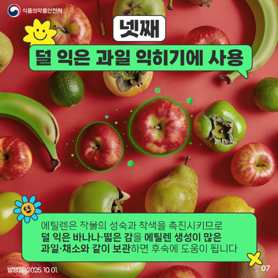 넷째, 덜 익은 과일 익히기에 사용 에틸렌은 작물의 성숙과 착색을 촉진시키므로 덜 익은 바나나·떫은 감을 에틸렌 생성이 많은 과일·채소와 같이 보관하면 후숙에 도움이 됩니다