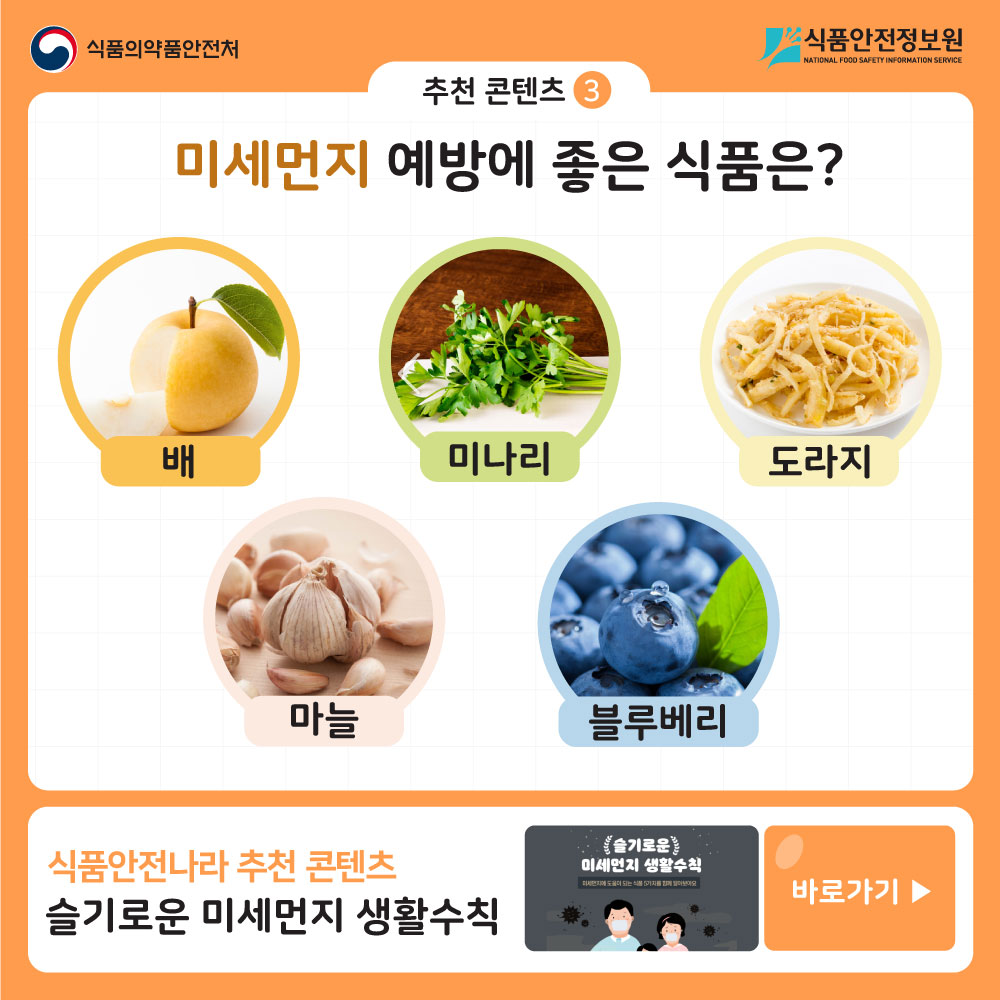 추천 콘텐츠 3   미세먼지 예방에 좋은 식품은?  배,미나리,도라지,마늘,블루베리  식품안전나라 추천 콘텐츠-슬기로운 미세먼지 생활수칙 바로가기