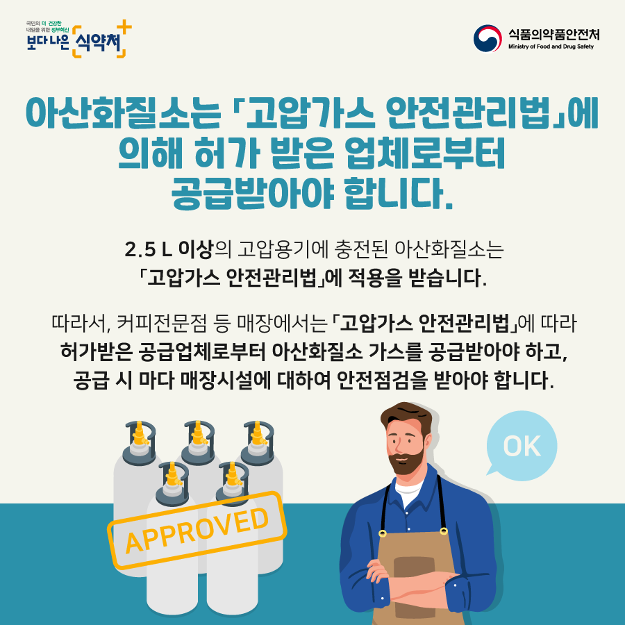 아산화질소는 고압가스 안전관리법에 의해 허가 받은 업체로부터 공급받아야 합니다. 2.5L 이상의 고압용기에 충전된 아산화질소는 고압가스 안전관리법에 적용을 받습니다. 따라서 커피전문점 등 매장에서는 고압가스 안전관리법에 따라 허가받은 공급업체로부터 아산화질소 가스 공급받아야 하고, 공급시 마다 매장시설에 대하여 안전점검을 받아야 합니다.