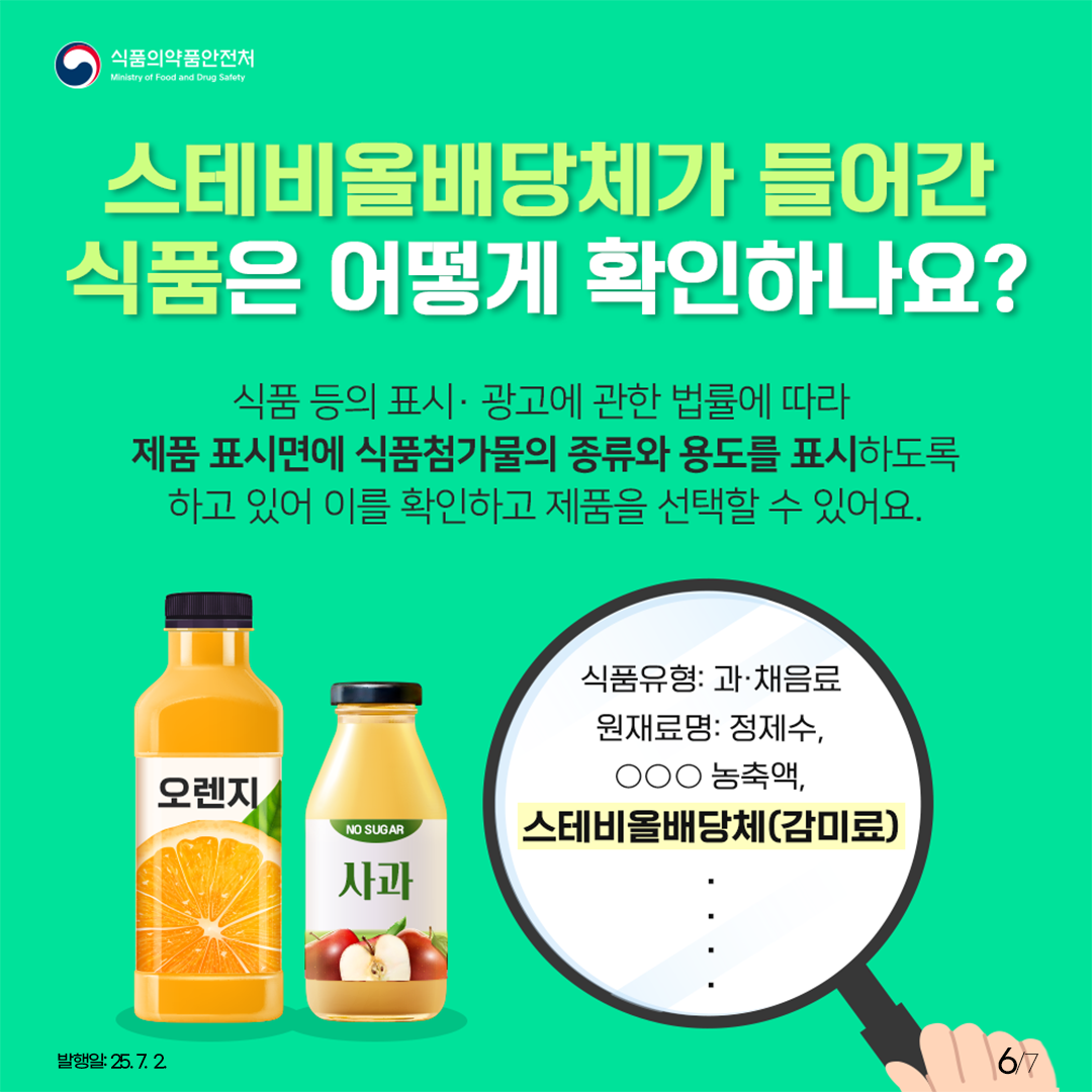 식품의약품안전처 스테비올배당체가 들어간 식품은 어떻게 확인하나요? 식품 등의 표시·광고에 관한 법률에 따라 제품 표시면에 식품첨가물의 종류와 용도를 표시하도록 하고 있어 이를 확인하고 제품을 선택할 수 있어요.