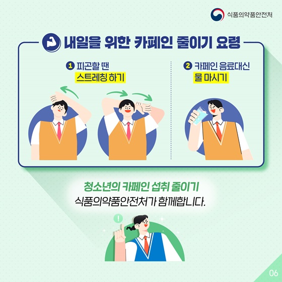 내일을 위한 카페인 줄이기 요령 1.피곤할 땐 스트레칭 하기. 2. 카페인 음료대신 물 마시기. 청소년의 카페인 섭취 줄이기 식품의약품안전처가 함께합니다.