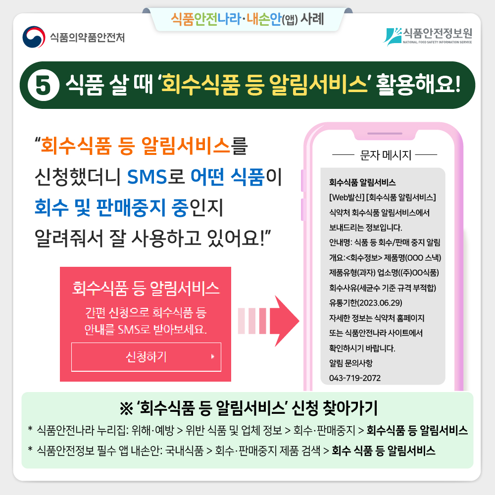 ⑤식품 살 때 ‘회수식품 등 알림서비스’ 활용해요! “회수식품 등 알림서비스를 신청했더니 SMS로 어떤 식품이  회수 및 판매중지 중인지 알려줘서 잘 사용하고 있어요!” (문자메시지)회수식품 알림서비스 [Web발신] [회수식품 알림서비스]  식약처 회수식품 알림서비스에서  보내드리는 정보입니다. 안내명: 식품 등 회수/판매 중지 알림 개요:<회수정보> 제품명(OOO 스낵) 제품유형(과자) 업소명((주)OO식품) 회수사유(세균수 기준 규격 부적합) 유통기한(2023.06.29) 자세한 정보는 식약처 홈페이지  또는 식품안전나라 사이트에서  확인하시기 바랍니다. 알림 문의사항 043-719-2072 ※ ‘회수식품 등 알림서비스’ 신청 찾아가기 식품안전나라 누리집: 위해·예방 > 위반 식품 및 업체 정보 > 회수·판매중지 > 회수식품 등 알림서비스 식품안전정보 필수 앱 내손안: 국내식품 > 회수·판매중지 제품 검색 > 회수 식품 등 알림서비스