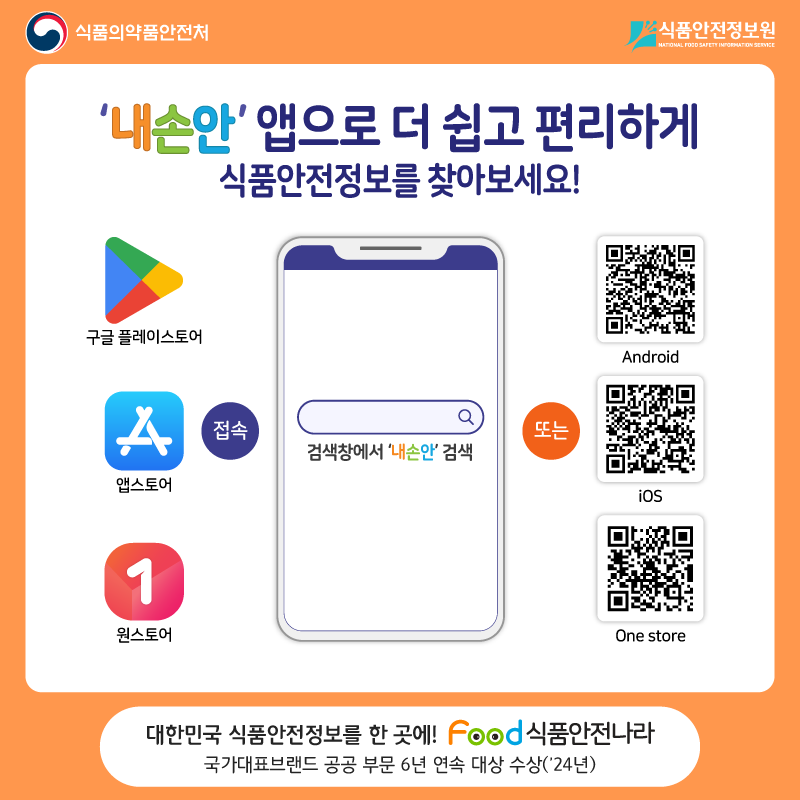 식품의약품안전처 식품안전정보원 ‘내손안’ 앱으로 더 쉽고 편리하게 식품안전정보를 찾아보세요! 구글 플레이스토어, 앱스토어, 원스토어, 접속 내손안 검색창에서 '내손안' 검색, 또는 큐알코드 대한민국 식품안전정보를 한곳에! FOOD 식품안전나라 국가대표브랜드 공공부문 6년 연속 대상 수상 2024년 기준