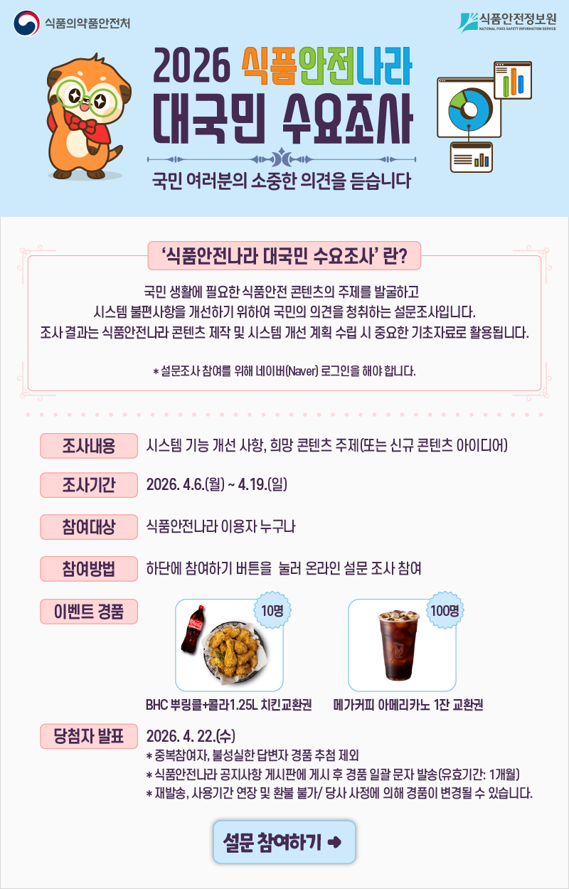 2026 식품안전나라 대국민 수요조사. 국민 여러분의 소중한 의견을 듣습니다.
