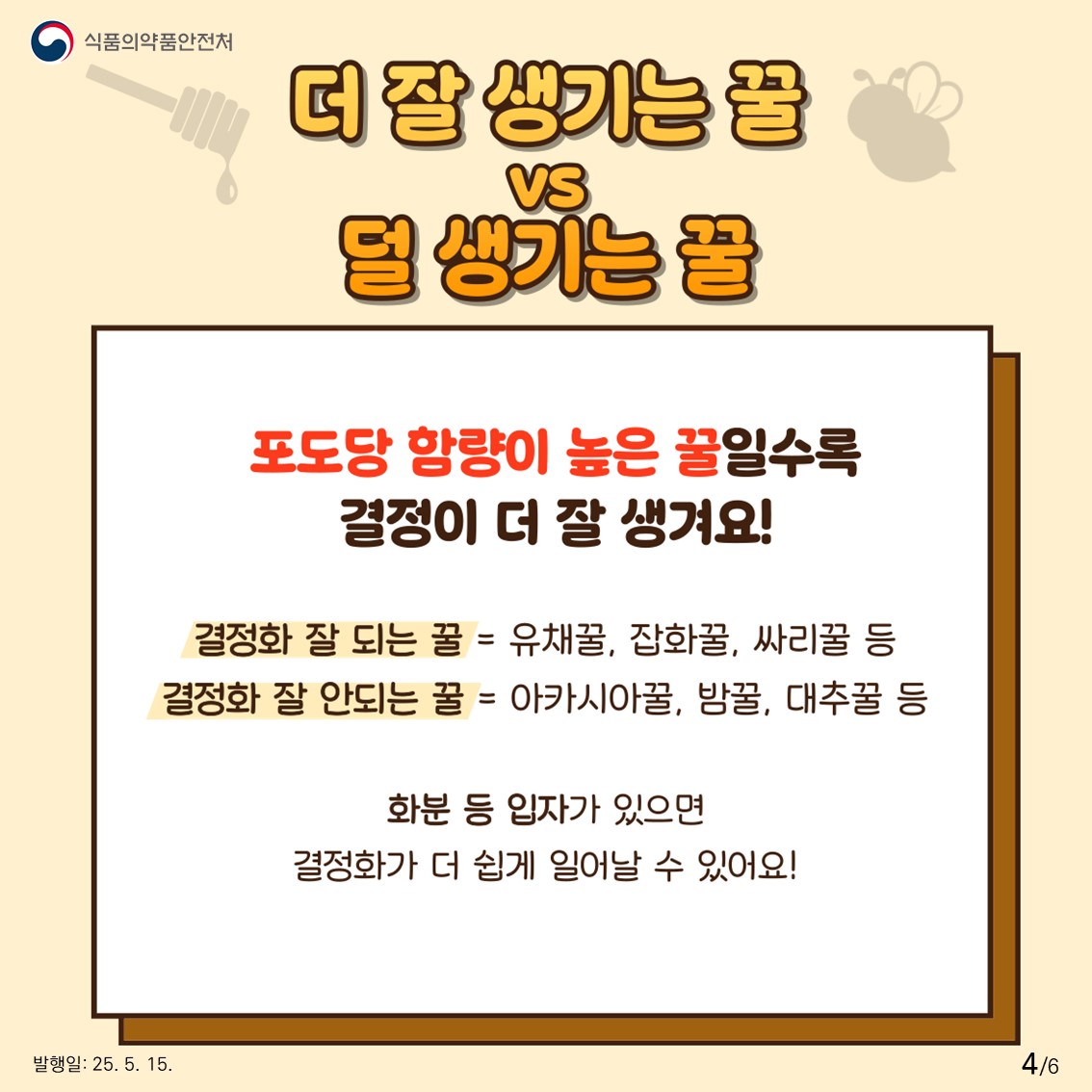 식품의약품안전처  더 잘 생기는 꿀 VS 덜 생기는 꿀  포도당 함량이 높은 꿀일수록 결정이 더 잘 생겨요!  결정화 잘 되는 꿀 : 유채꿀, 잡화꿀, 싸리꿀 등  결정화 잘 안되는 꿀 : 아카시아꿀, 밤꿀, 대추꿀 등  화분 등 입자가 있으면 결정화가 더 쉽게 일어날 수 있어요! 