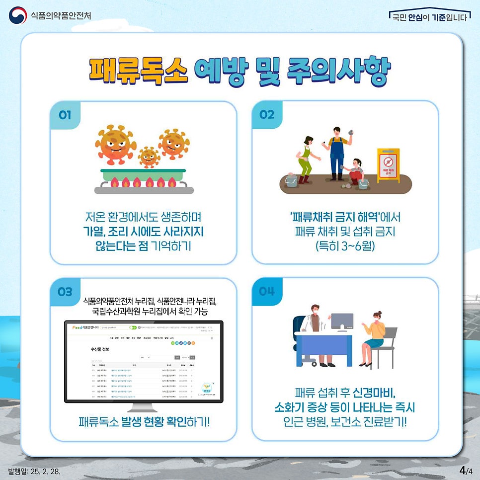 식품의약품안전처 국민 안심이 기준입니다.  패류독소 예방 및 주의사항 01 저온 환경에서도 생존하며 가열, 조리 시에도 사라지지 않는다는 점 기억하기  02 '패류채취 금지 해역'에서 패류 채취 및 섭취 금지 (특히 3~6월)  03 식품의약품안전처 누리집, 식품안전나라 누리집, 국립수산과학원 누리집에서 확인 가능, 패류독소 발생 현황 확인하기!  04 패류 섭취 후 신경마비, 소화기 증상 등이 나타나는 즉시 인근 병원, 보건소 진료받기!