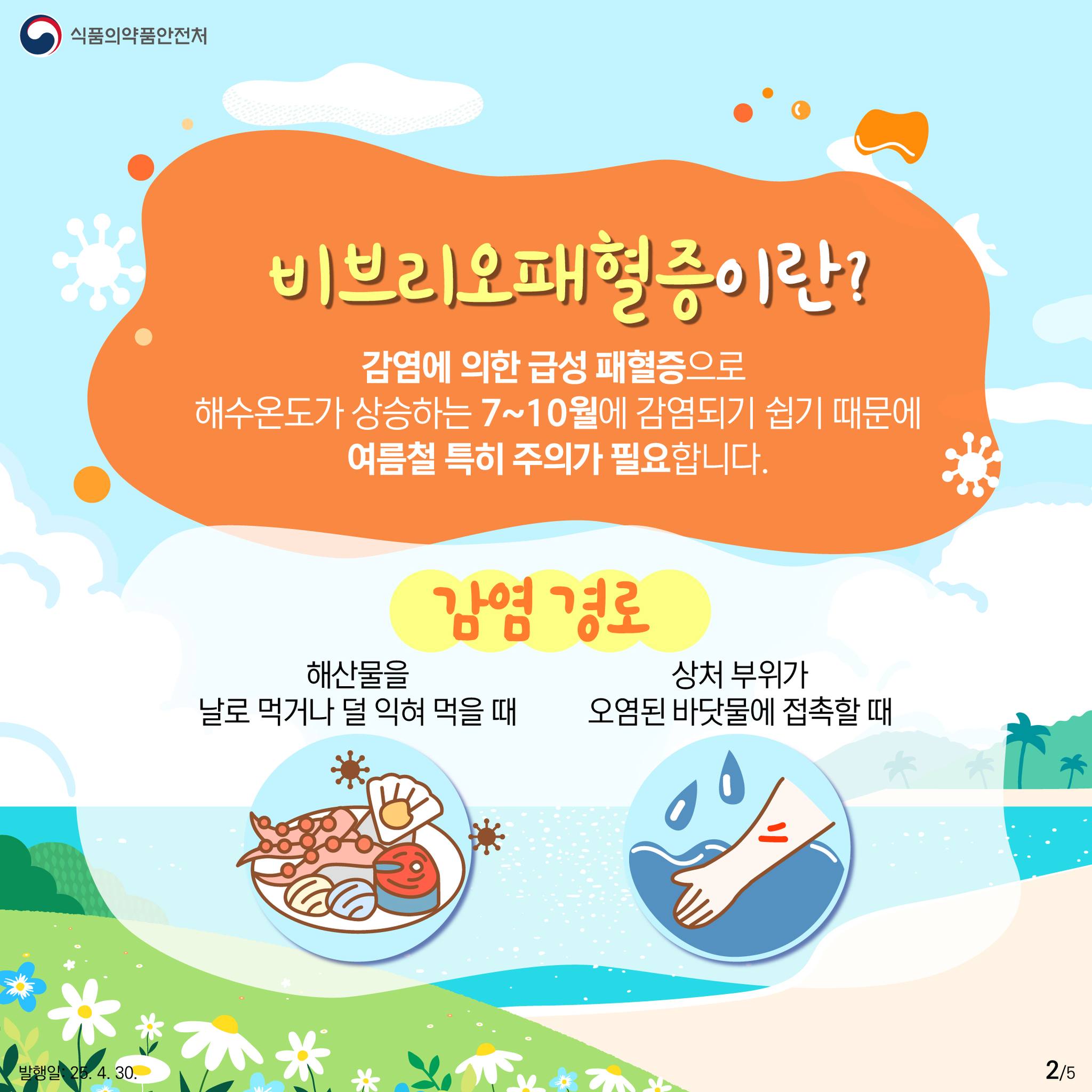 식품의약품안전처  비브리오패혈증이란?  감염에 의한 급성 패혈증으로 해수온도가 상승하는 7~10월에 감염되기 쉽기 때문에 여름철 특히 주의가 필요합니다.  감염 경로  해산물을 날로 먹거나 덜 익혀 먹을 때  상처 부위가 오염된 바닷물에 접촉할 때 