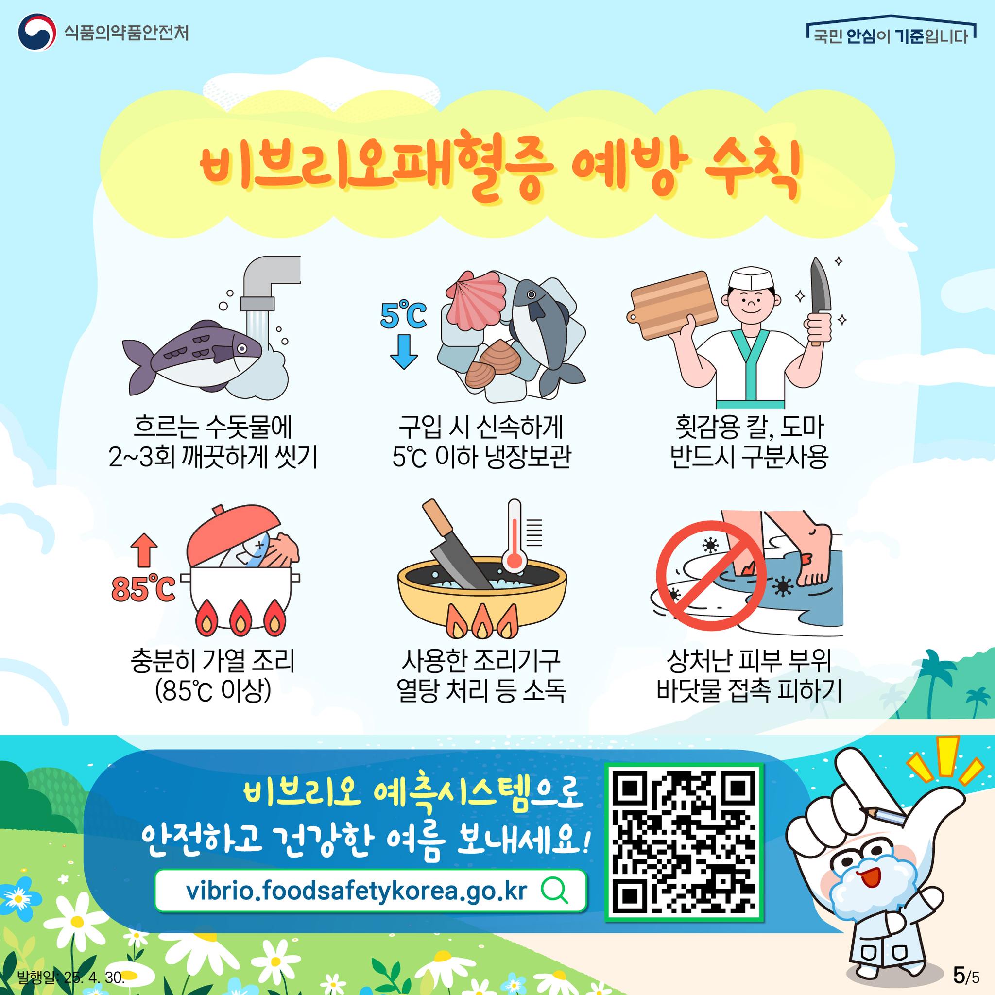 식품의약품안전처 국민 안심이 기준입니다  비브리오패혈증 예방 수칙  흐르는 수돗물에 2~3회 깨끗하게 씻기  구입 시 신속하게 5℃ 이하 냉장보관  횟감용 칼, 도마 반드시 구분사용 충분히 가열 조리 (85℃ 이상)  사용한 조리기구 열탕 처리 등 소독  상처난 피부 부위 바닷물 접촉 피하기  비브리오 예측시스템으로 안전하고 건강한 여름 보내세요!  vibrio.foodsafetykorea.go.kr 