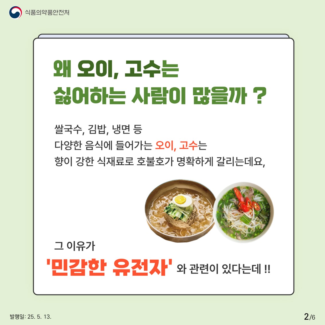 식품의약품안전처  왜 오이, 고수는 싫어하는 사람이 많을까?  쌀국수, 김밥, 냉면 등 다양한 음식에 들어가는 오이, 고수는 향이 강한 식재료로 호불호가 명확하게 갈리는데요,  그 이유가 '민감한 유전자와 관련이 있다는데 !! 