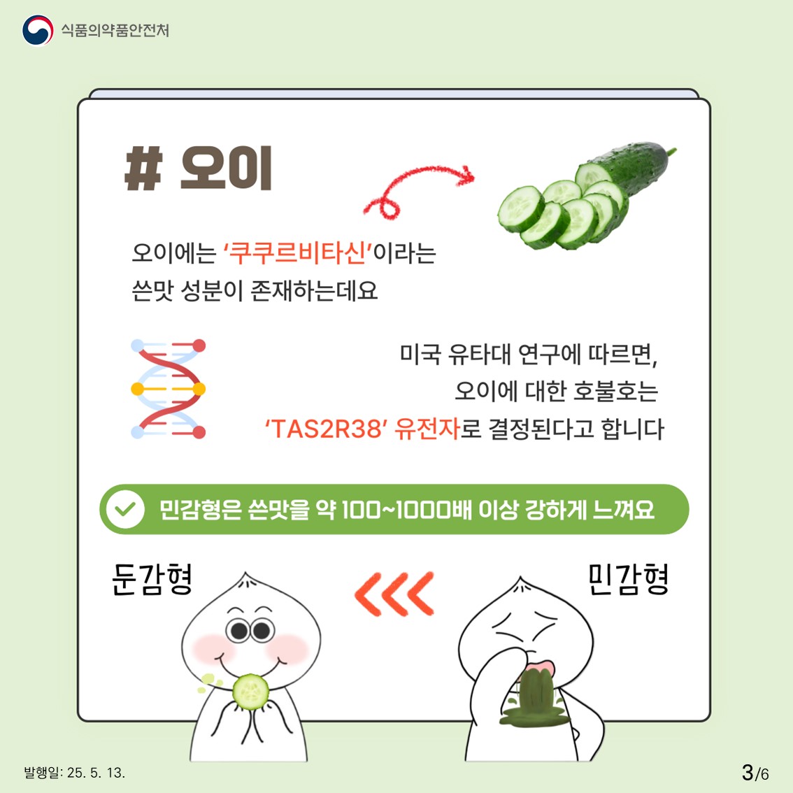 식품의약품안전처  #오이  오이에는 '쿠쿠르비타신'이라는 쓴맛 성분이 존재하는데요  미국 유타대 연구에 따르면, 오이에 대한 호불호는 'TAS2R38' 유전자로 결정된다고 합니다  민감형은 쓴맛을 약 100~1000배 이상 강하게 느껴요