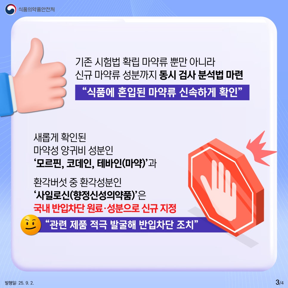 식품의약품안전처 기존 시험법 확립 마약류 뿐만 아니라 신규 마약류 성분까지 동시 검사 분석법 마련 “식품에 혼입된 마약류 신속하게 확인” 새롭게 확인된 마약성 양귀비 성분인 '모르핀, 코데인, 테바인(마약)'과 환각버섯 중 환각성분인 '사일로신(향정신성의약품)'은 국내 반입차단 원료·성분으로 신규 지정 “관련 제품 적극 발굴해 반입차단 조치"