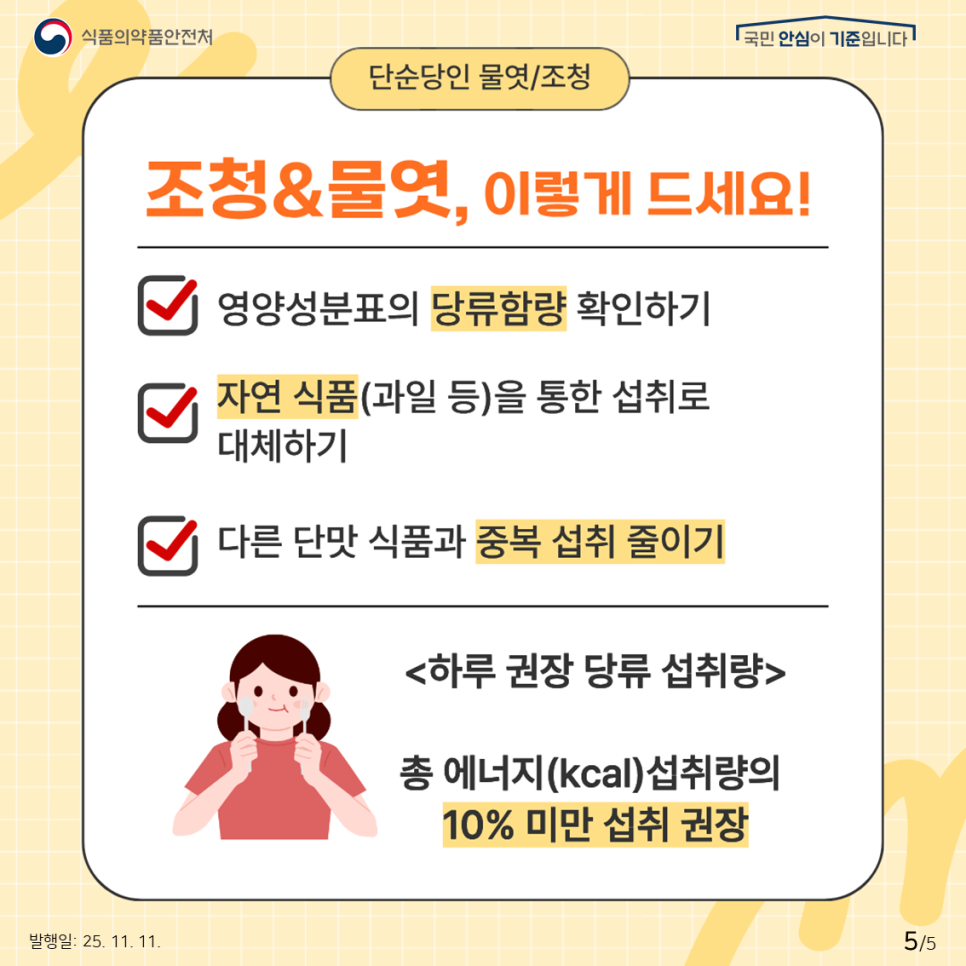 식품의약품안전처 국민 안심이 기준입니다. 단순당인 물엿/조청 조청&물엿, 이렇게 드세요! 영양성분표의 당류함량 확인하기 자연 식품(과일 등)을 통한 섭취로 대체하기 다른 단맛 식품과 중복 섭취 줄이기 <하루 권장 당류 섭취량> 총 에너지(kcal)섭취량의 10% 미만 섭취 권장