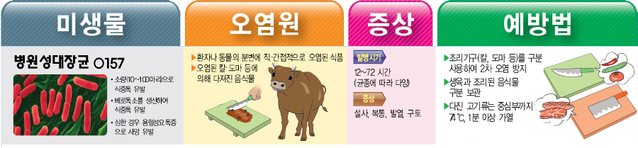 병원성대장균 예방법 미생물 병원성대장균 157 소량(10~100마리으로 식중독 유발 베로독소를 생산하여 식중독 유발 심한 경우 용혈성요독증 으로 사망 유발 오염원 ▶환자나 동물의 분변에 직·간접적으로 오염된 식품 오염된 칼 도마 등에 의해 다져진 음식물 증상 발병시기 12~72 시간 (균종에 따라 다양 중상 설사, 복통, 발열 구토 예방법 ▶조리기구(칼, 도마 등)를 구분 사용하여 2차 오염 방지 ▶생육과 조리된 음식물 구분 보관 ▶다진 고기류는 중심부까지 A℃, 1분 이상 가열