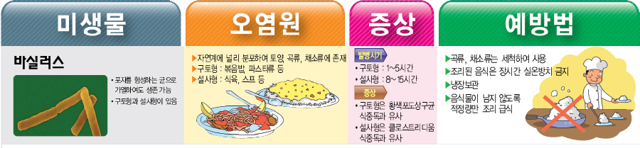 바실러스 예방법 미생물 바실러스 포자를 형성하는 균으로 가열하여도 생존 가능 구토형과 설사형이 있음 오염원 ▶자연계에 널리 분포하여 토양 곡류, 채소류에 존재 ▶구토형: 볶음밥 파스타류 등 설사형: 식육, 스프 등 증상 남명시기 구토형: 1~5시간 설사형: 8~15시간 증상 구토형은 황색포도상구균 식중독과 유사 설사형은 클로스트리디움 식중독과 유사 예방법 ▶곡류, 채소류는 세척하여 사용 ▶조리된 음식은 장시간 실온방치 금지 ▶냉장보관 ▶음식물이 남지 않도록 적정량만 조리 급식