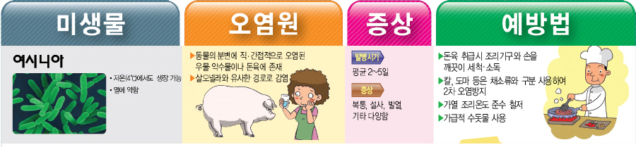 여시니아 예방법 미생물 여시니아 저온(4디에서도 생장 가능 열에 약함 오염원 ▶동물의 분변에 직·간접적으로 오염된 우물 약수물이나 돈육에 존재 살모넬라와 유사한 경로로 감염 증상 발병시기 평균 2~5일 증상 복통, 설사, 발열 기타 다양함 예방법 ▶돈육 취급시 조리기구와 손을 깨끗이 세척·소독 ▶칼, 도마 등은 채소류와 구분 사용하여 2차 오염방지 ▶가열 조리온도 준수 철저 ▶가급적 수돗물 사용