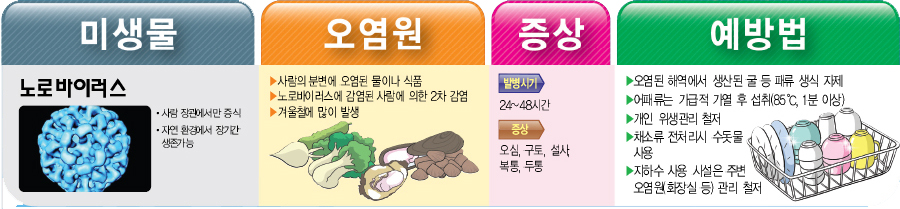 노로바이러스 예방법 미생물 노로바이러스 사람 장관에서만 증식 자연 환경에서 장기간 생존가능 오염원 ▶사람의 분변에 오염된 물이나 식품 ▶노로바이러스에 감염된 사람에 의한 2차 감염 ▶겨울철에 많이 발생 증상 발병시기 24~48시간 중상 오심, 구토, 설사 복통, 두통 예방법 ▶오염된 해역에서 생산된 굴 등 패류 생식 자제 ▶어패류는 가급적 가열 후 섭취(85℃, 1분 이상) ▶개인 위생관리 철저 ▶채소류 전처리시 수돗물 사용 ▶지하수 사용 시설은 주변 오염원(화장실 등) 관리 철저