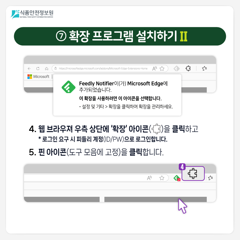 식품안전정보원 ⑦ 확장 프로그램 설치하기Ⅱ 4) 웹 브라우져 우측 상단에 ‘확장’ 아이콘을 클릭하고  * 로그인 요구 시 피들리 계정(ID/PW)으로 로그인합니다. 5) 핀 아이콘(도구 모음에 고정)을 클릭합니다.