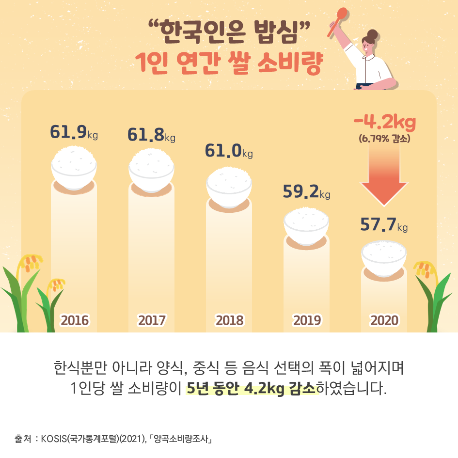 한국인은 밥심 1인 연간 쌀 소비량 2016년 61,9kg 2017년 61.8kg  2018년 61.0kg  2019년 59.2kg  2020년 57.7kg (6.79% 감소) 한식뿐만 아니라 양식,중식 등 음식 선택의 폭이 넒어지며 1인당 쌀 소비량이 5년 동안 4.2kg  감소하였습니다. 출처 kosls 국가통계포털 2021 양곡소비량조사